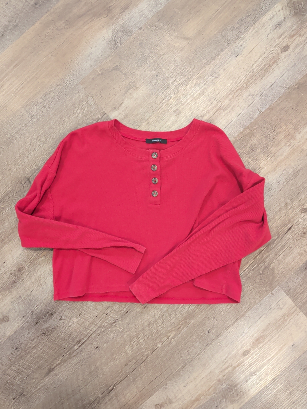 Forever 21 Red Cropped Henley Long Sleeve Top